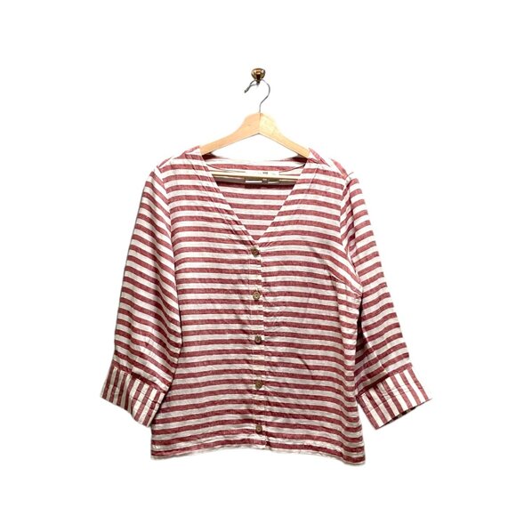 Rachel Zoe Striped Linen Button Down Blouse Burgundy Size M Coastal Bohemian - Picture 2 of 10
